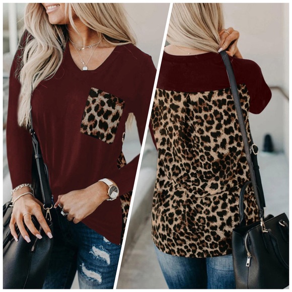 Tops - Long Sleeve Leopard Print - Burgendy